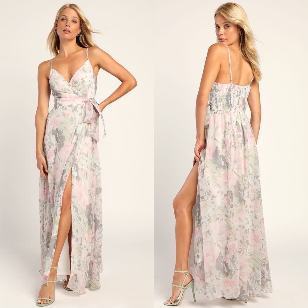 LULU’S | Sweetly Dreaming Grey Multi Floral Print Faux Wrap Maxi Dress